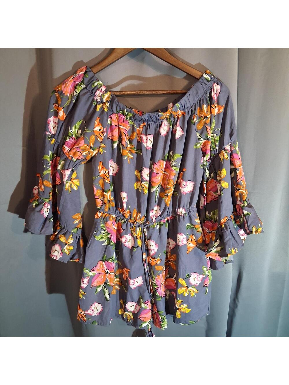 Blush Floral Off-Shoulder Peasant Romper with Ruffle Sleeves
